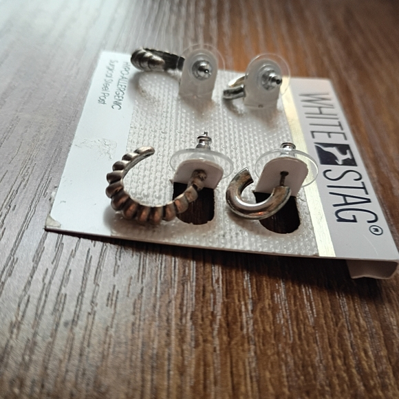 White Stag 2-Pair Silver Tone Textured Smooth Small Huggie Hoop Earring Set - Picture 4 of 4